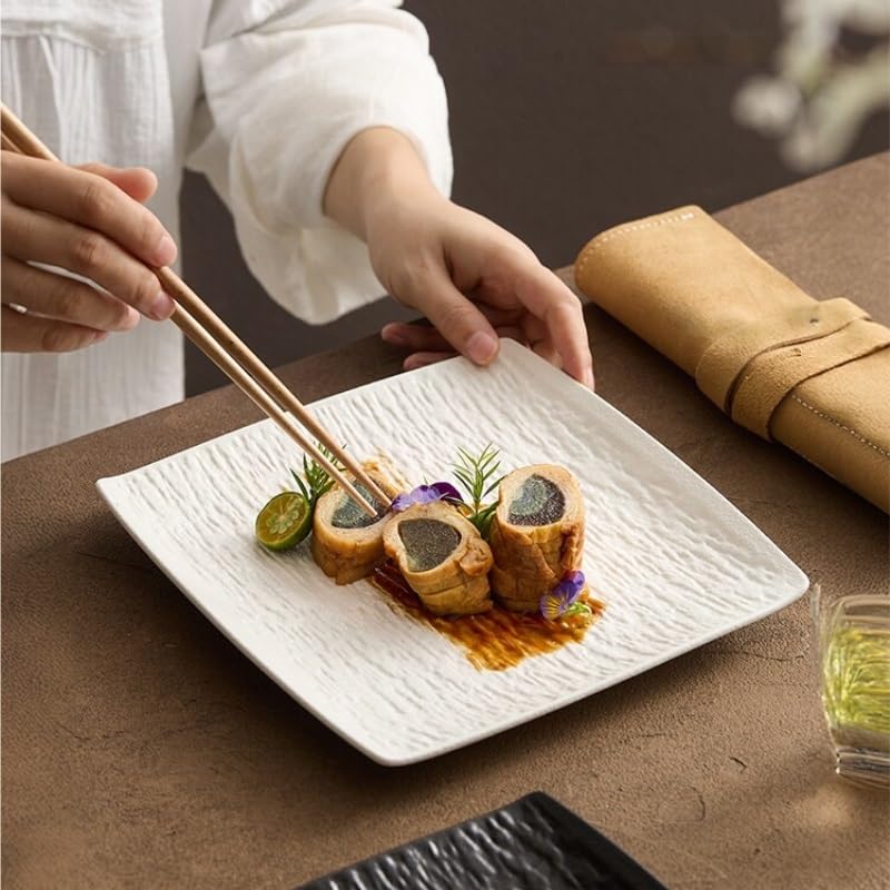 Platos de Cena Platos Cuadrados de Estilo Occidental japonés, Platos de cerámica creativos con patrón de Piedra, Platos de Carne caseros Platos de Pasta(B)