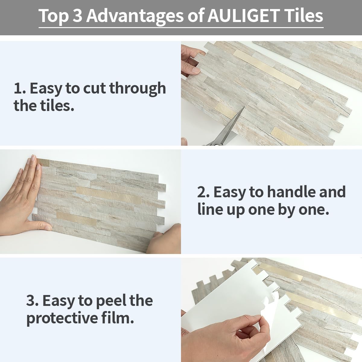 AULIGET 20 Blatt Kunststein zum Abziehen und Aufkleben, Beige Marmoroptik, PVC-Wandfliesen, zum Aufkleben auf Backsplash für Küche und Bad