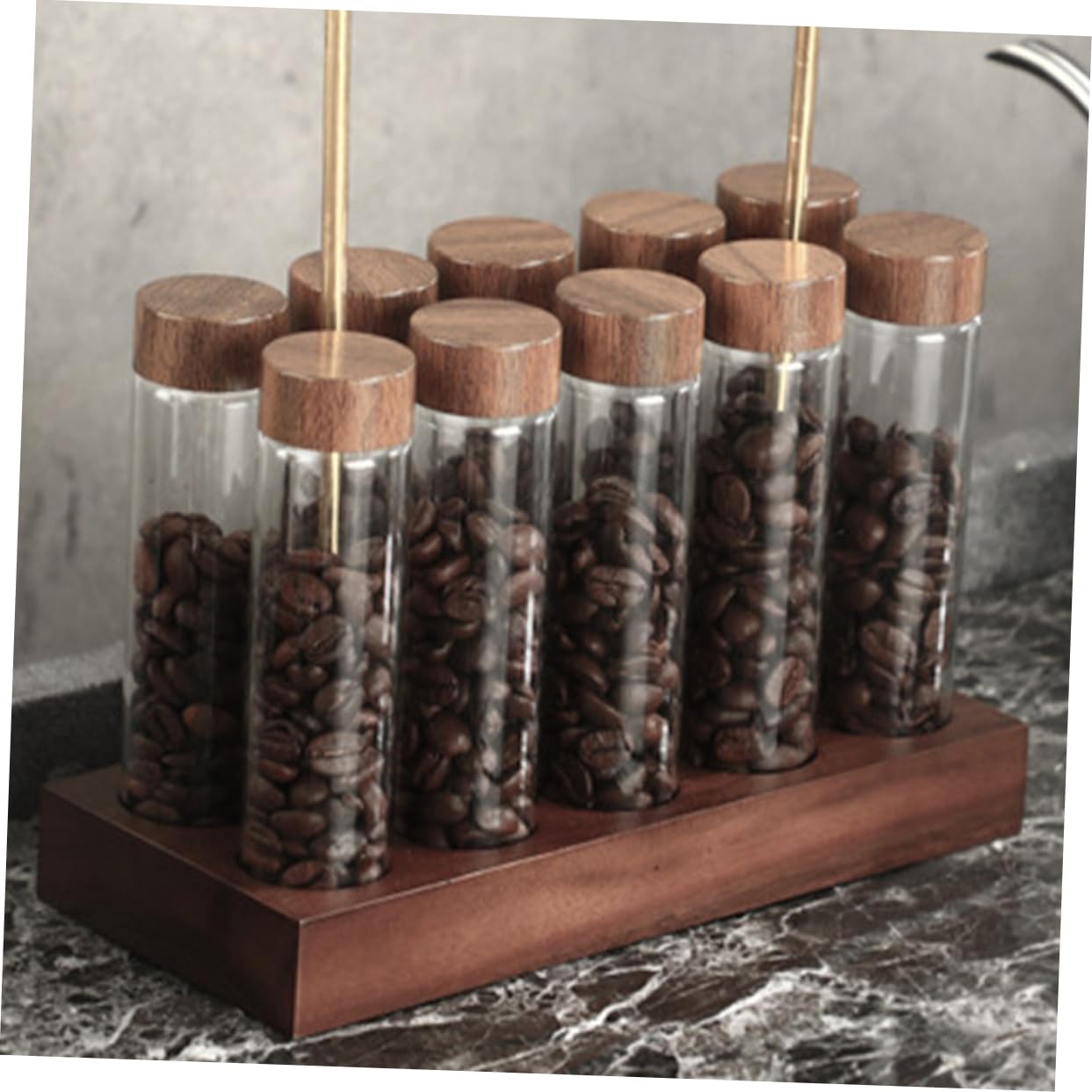 Luftdichtes Glas Kaffeebehälter Satz mit Holzständer Aufbewahrungsröhrchen für Kaffeebohnen Aromaschutz Platzsparend für Küche und Haushalt