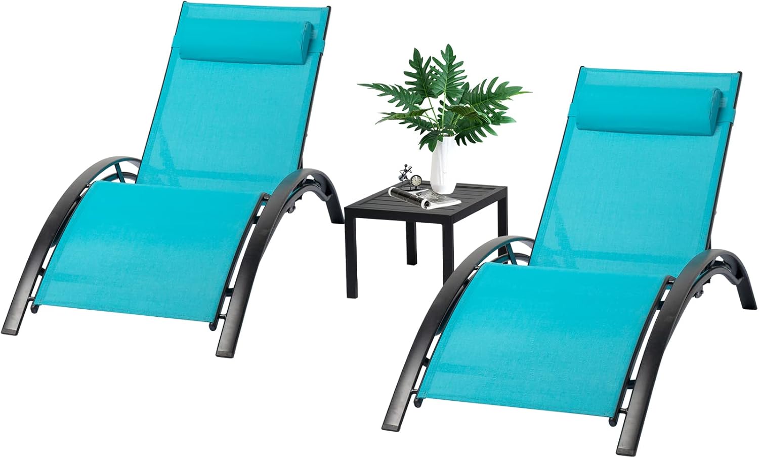 Patio Chaise Lounge Chair Set of 3 with Coffee Table,Outdoor Lounge Chair with Adjustable Backrest with Pillow,Water & UV Resistant,with Side Table for Beach,Garden,Lawn(Black)