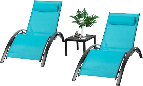 Patio Chaise Lounge Chair Set of 3 with Coffee Table,Outdoor Lounge Chair with Adjustable Backrest with Pillow,Water & UV Resistant,with Side Table for Beach,Garden,LawnBlue