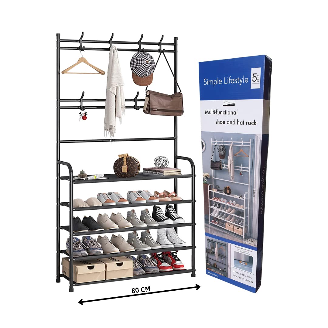 ARTC Entryway 5 Tier Coat Rack, ARTC 3-in-1 Hall Tree Shoe Bench with Coat Hat Umbrella Rack,Storage Shelves with 8 Hooks, Multifunctional Hallway Organizer (80cm, Black)