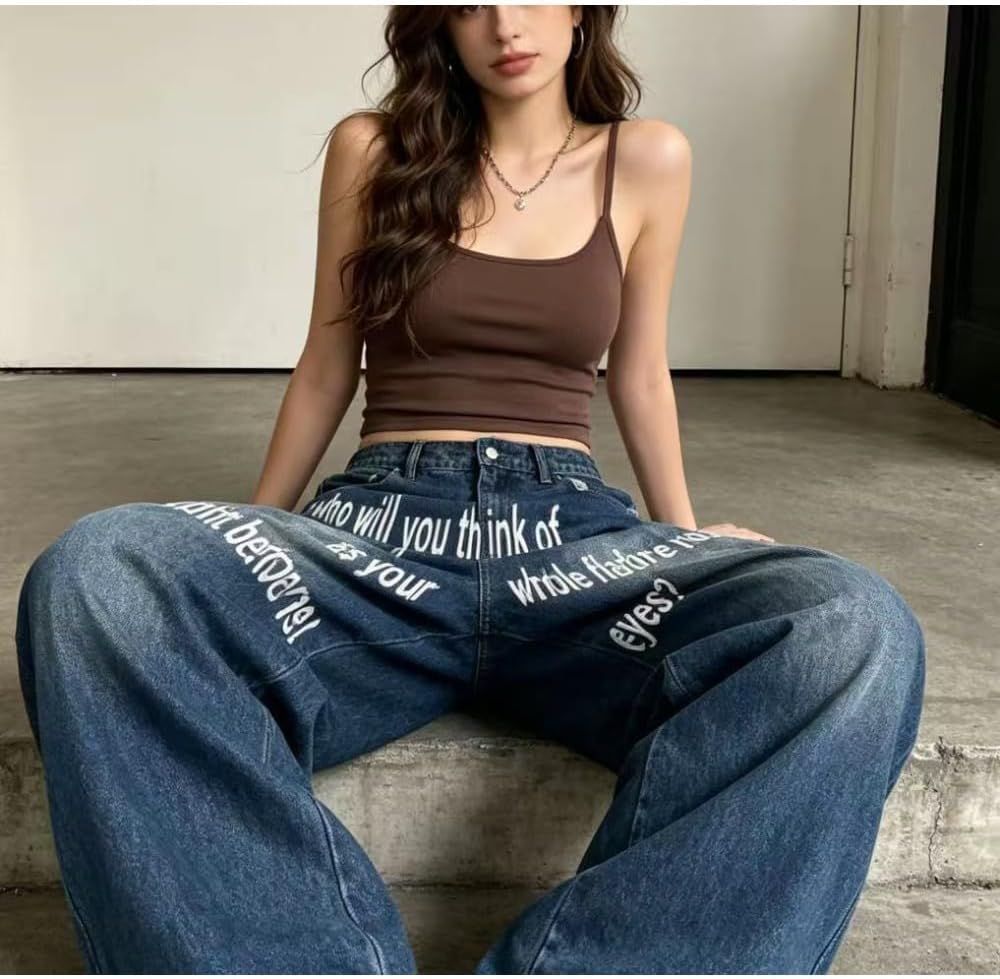 Unisex Y2K Baggy Letter Printed Jeans Washed Oversized Wide Leg Jeans with Retro Fashion Gothic Pants