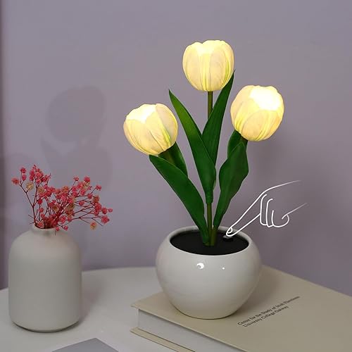 Neoglint Lámpara de tulipán decorativa para interiores, lámpara de maceta para flores, luz nocturna ambiental, regalo de planta en maceta (blanco -