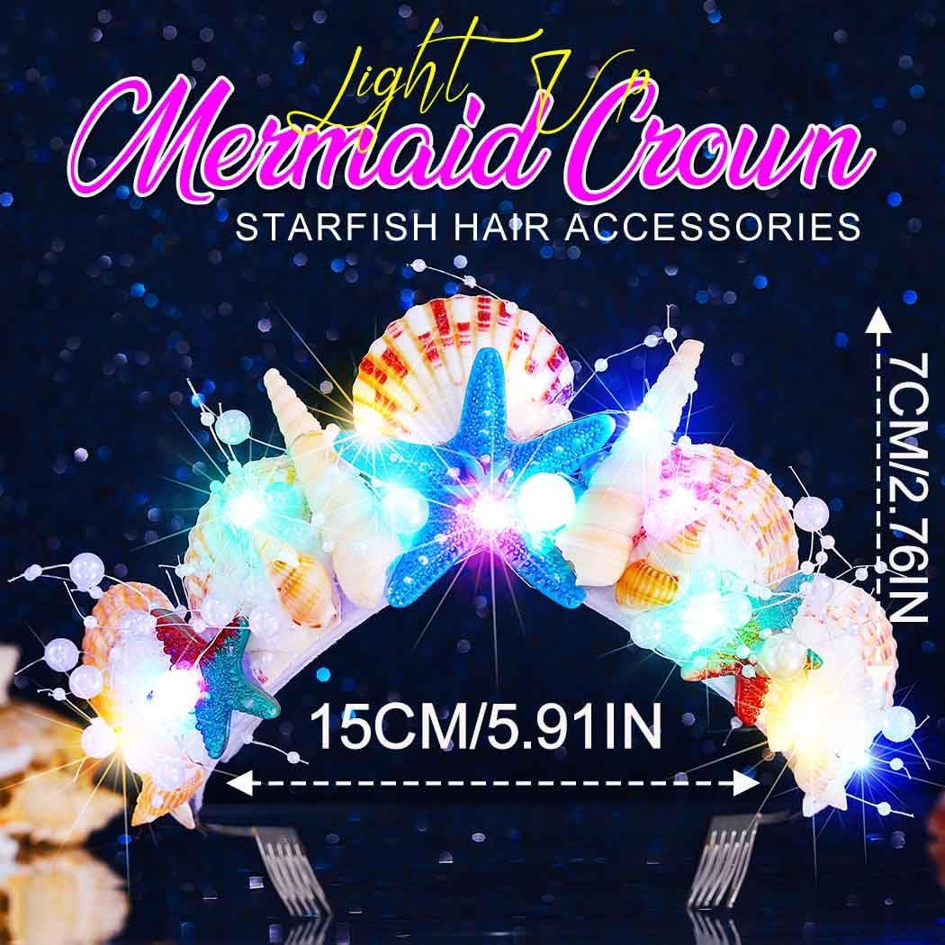 BARTOSI Light Up Mermaid Crown LED Seashell Tiaras Starfish Headband Mermaid Hair Accessories for Women - Image 2