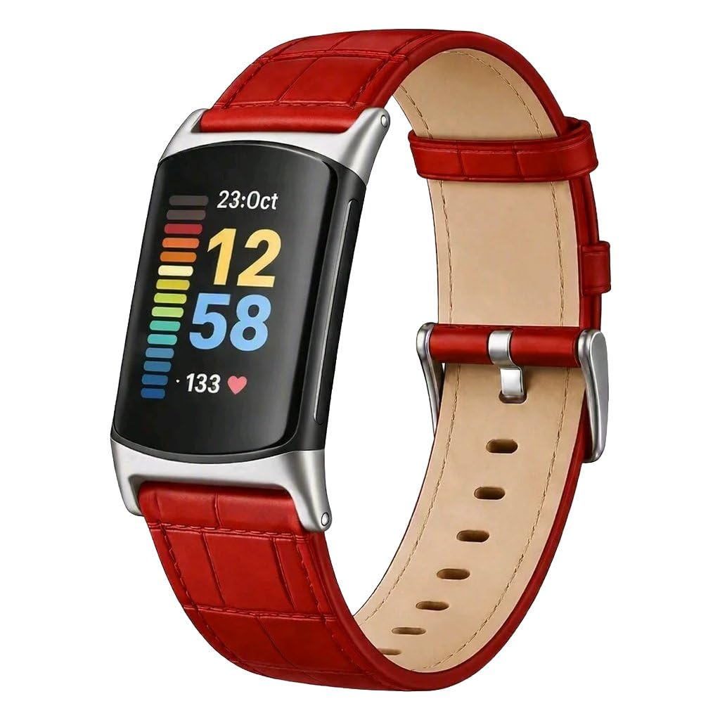 Panda Bobo Leather Strap compatible with Fitbit Charge 5 / Charge 6, Red