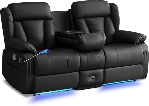 AHMED Loveseat Recliner Sofa, Manual 2 Seat, Black | Faux Leather, Console with Cup Holders, USB Ports, Storage & LED Lights, For RV & Living Room