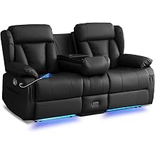 AHMED Loveseat Recliner Sofa, Manual 2 Seat Reclining Sofa with Console, Modern PU Leather Recliner Couch with Cup Holders, USB Ports,Storage,LED Lights for RV & Living Room, Black