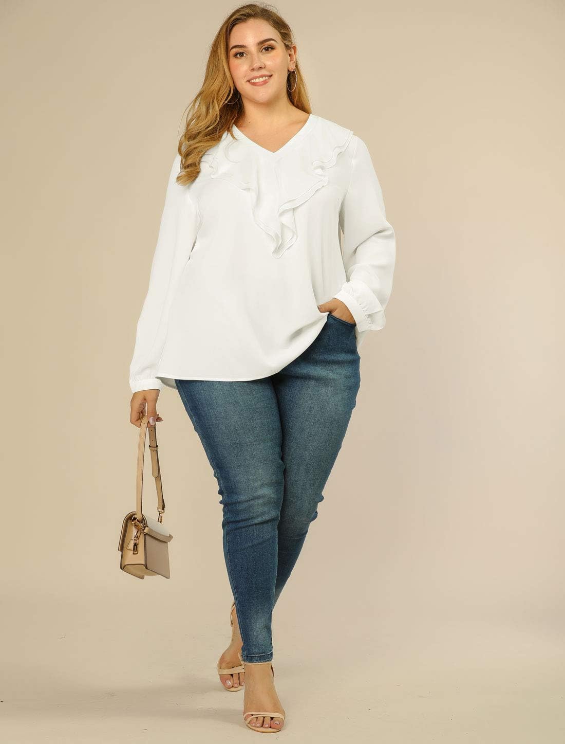 Agnes Orinda Women's Plus Size Ruffle Blouse Chiffon V Neck Work Office Long Sleeve Shirt Tops - Image 3