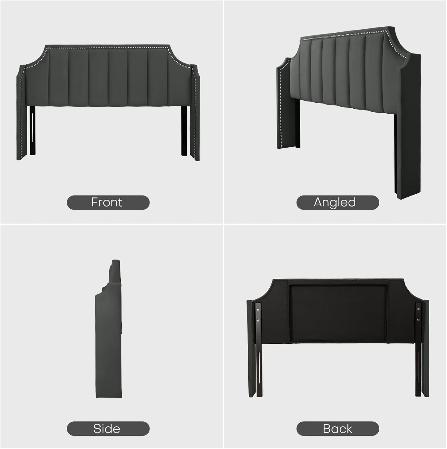 Lucky Monet Luxurious Headboard Only King Size with Wingback, Velvet Upholstered Tufted Headboard with Nailhead Decor for Bed, Adjustable Height Curved Head Board Vertical Channel Design (Dark Grey)