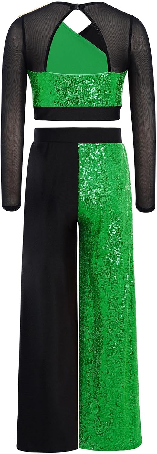 Girls Jazz Dance Outfit Sequins Hip Hop Dancewear Long Sleeve V Neck Crop Top with Elastic Waist Pants Green 14 Years