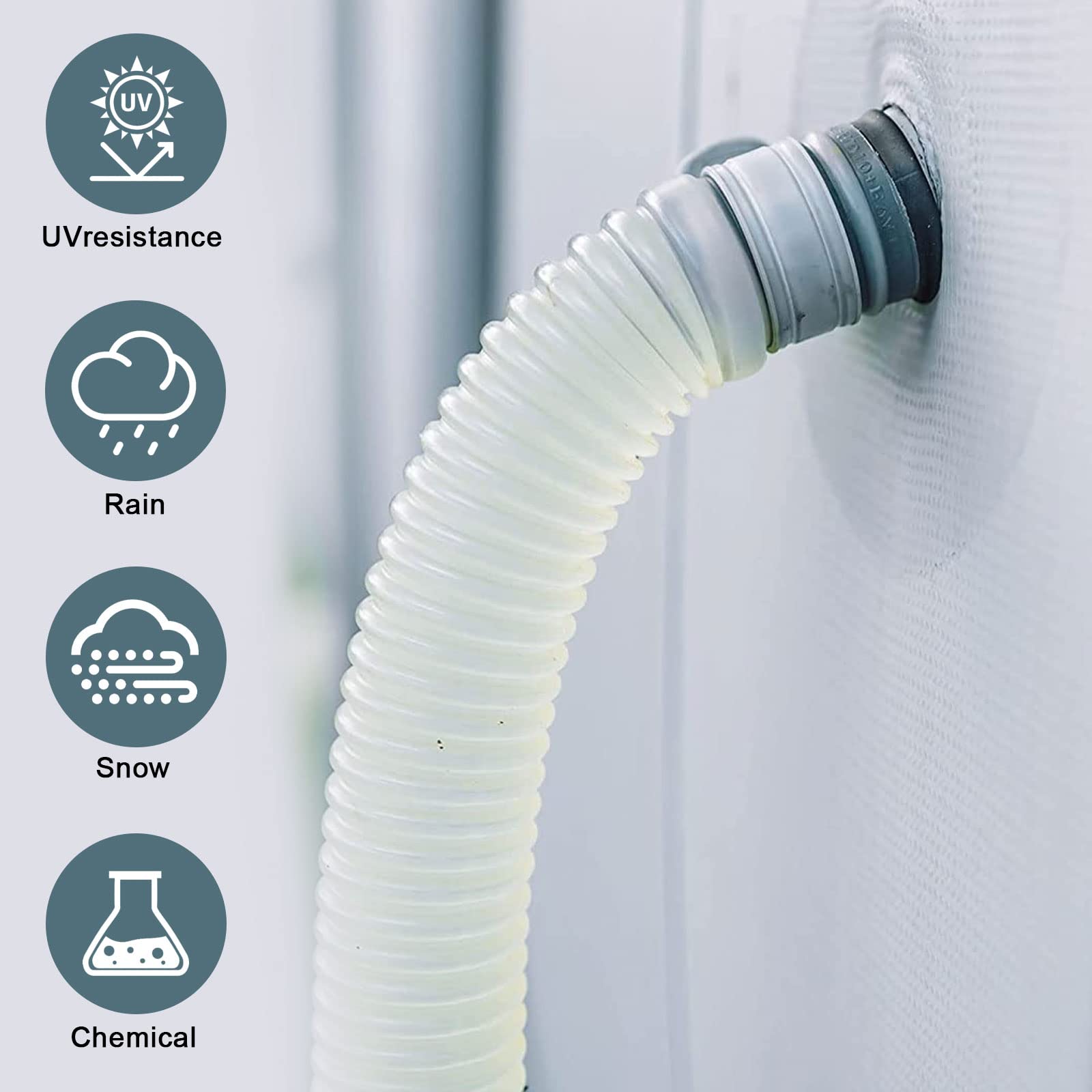 Lote de 4 mangueras de repuesto de piscina, con 8 conectores roscados de metal, para manguera de succión bomba de piscina fuera, tubos de piscina Ø 32 mm, (longitud 1,5 m, blanco)