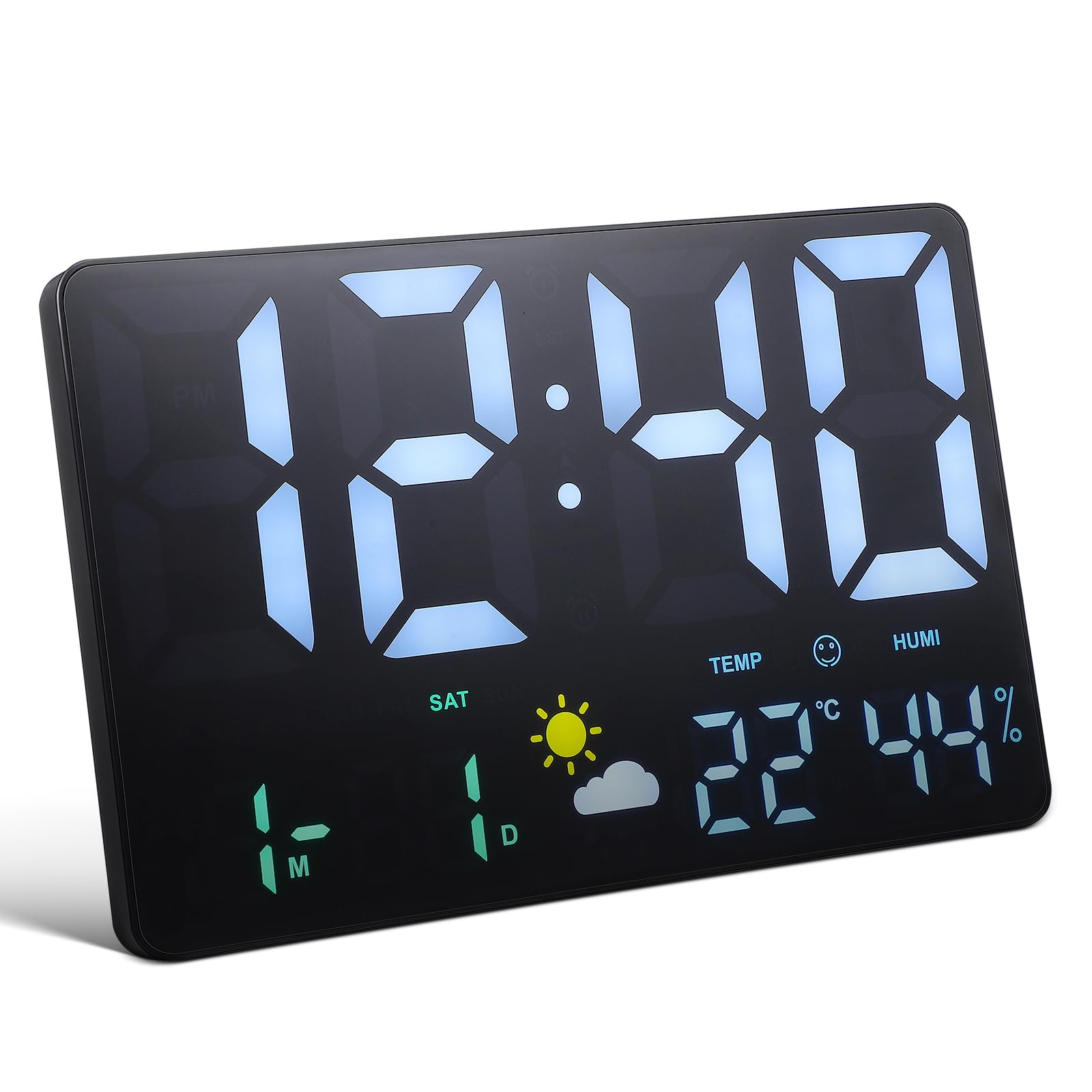 POPETPOP Digitale Wanduhr Groß mit LED Display Temperatur und Luftfeuchtigkeitsanzeige Luftdrucksensor Wettervorhersage Wecker und Kalender für Büro und Wohnzimmer