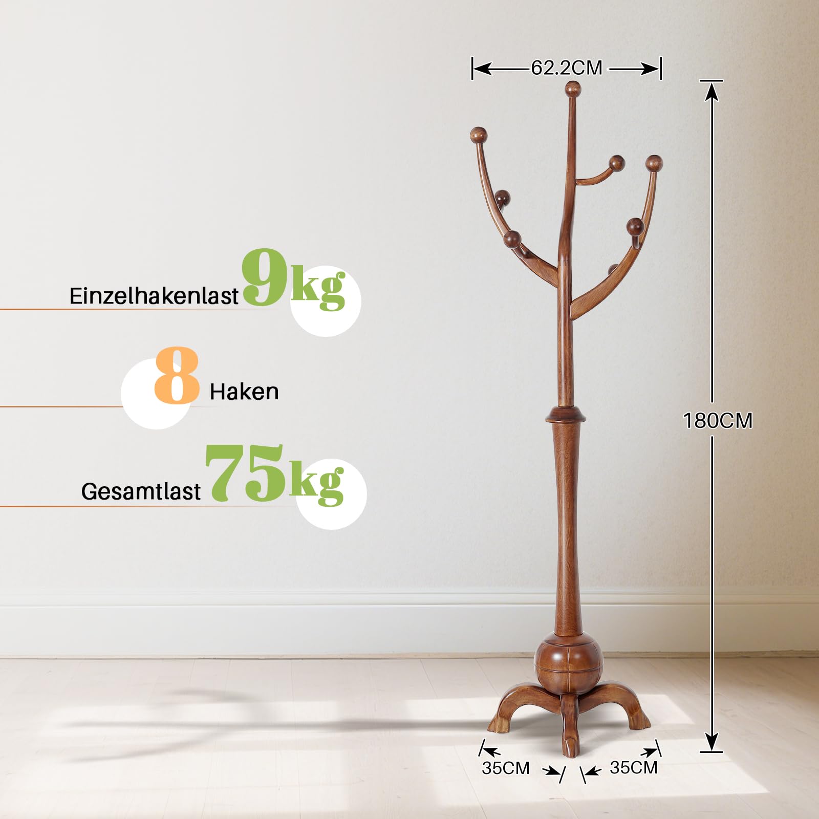 Bekrvio Porte Manteau sur Pied 180cm en Bois Massif 180cm, Brun Noyer | 8 Crochets Robustes, Bois D'hévéa Massif Premium, Base Large et Stable de 50 cm, Design Arbre Ingénieux et Fonctionnel