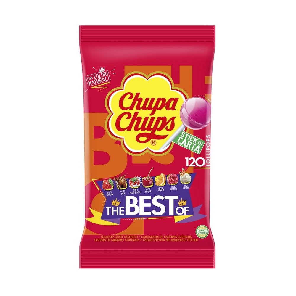 Chupa Chups The Best Of, Lollipop, Gusto Frutti Assortiti, Busta da 120 Lecca Lecca, Ottime da condividere con Amici, Regalo Fine Festa