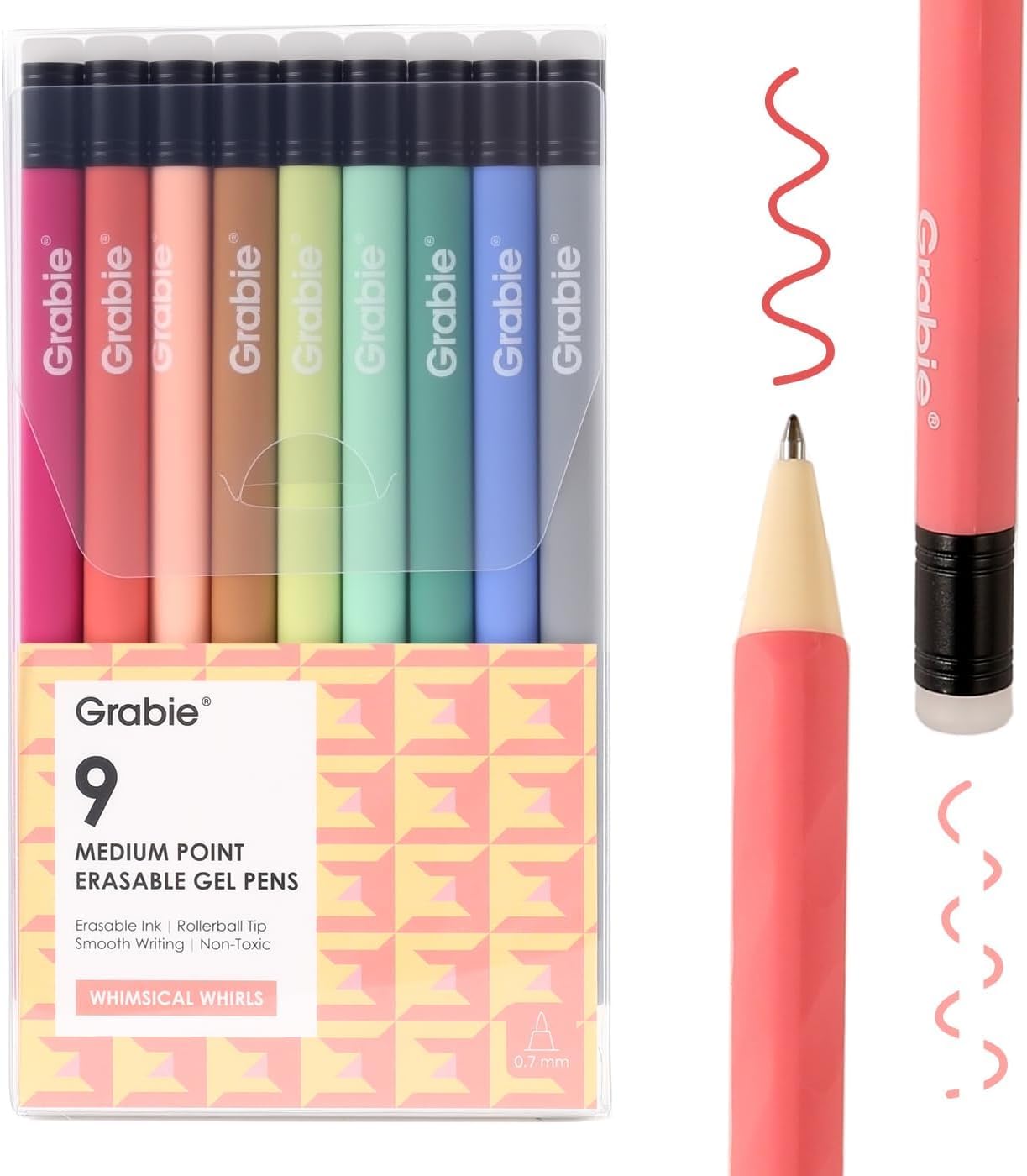 Grabie Erasable Gel Pens, 9 Colourful 0.7mm Pens - Whimsical Whirls