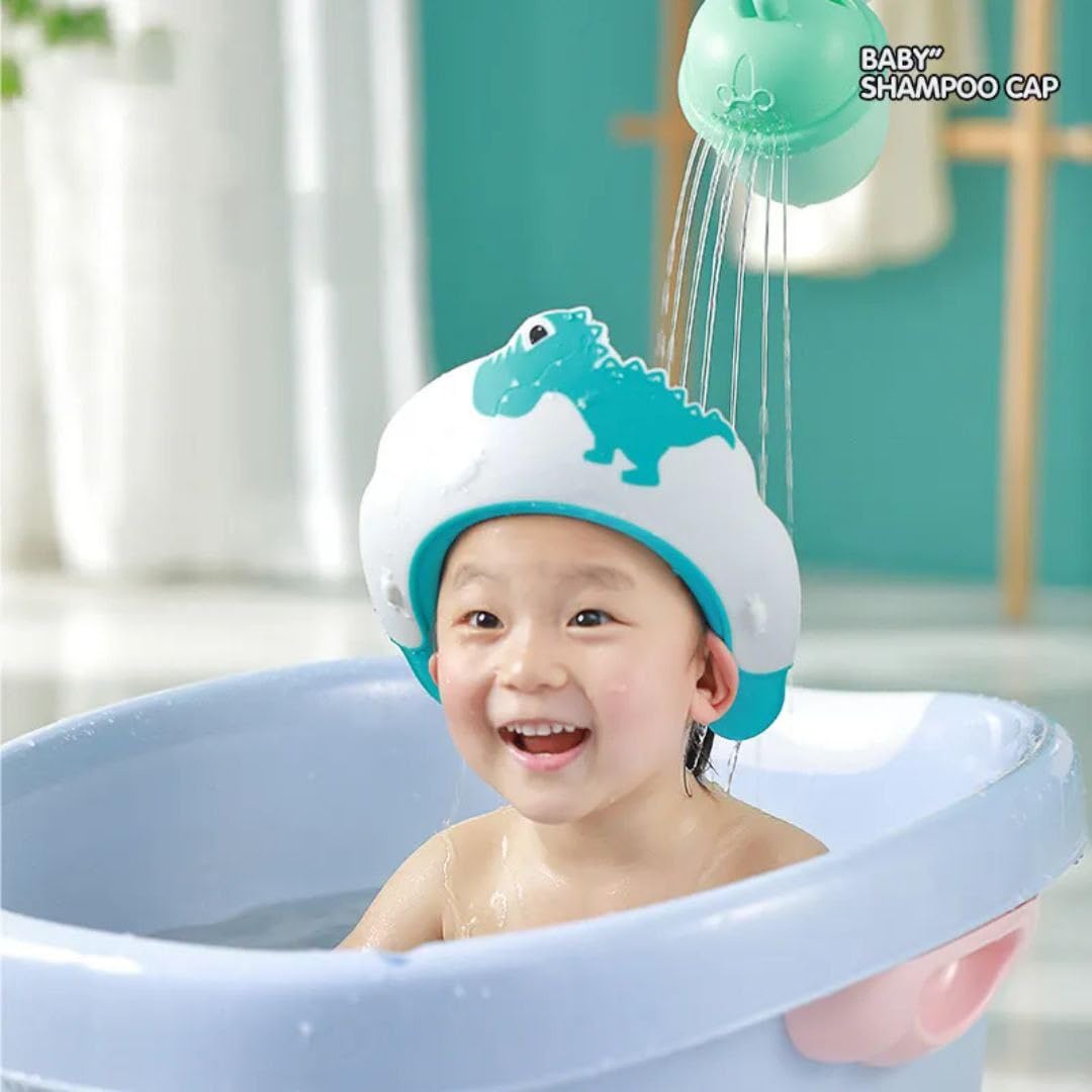 Baby Shower Cap for Kids Hair Washing Shield, Toddler Bath Hat, Shampoo Visor, Head Protector - Cute Dinosaur Shape Makes Bath More Fun - Blue - Image 2 thumbnail