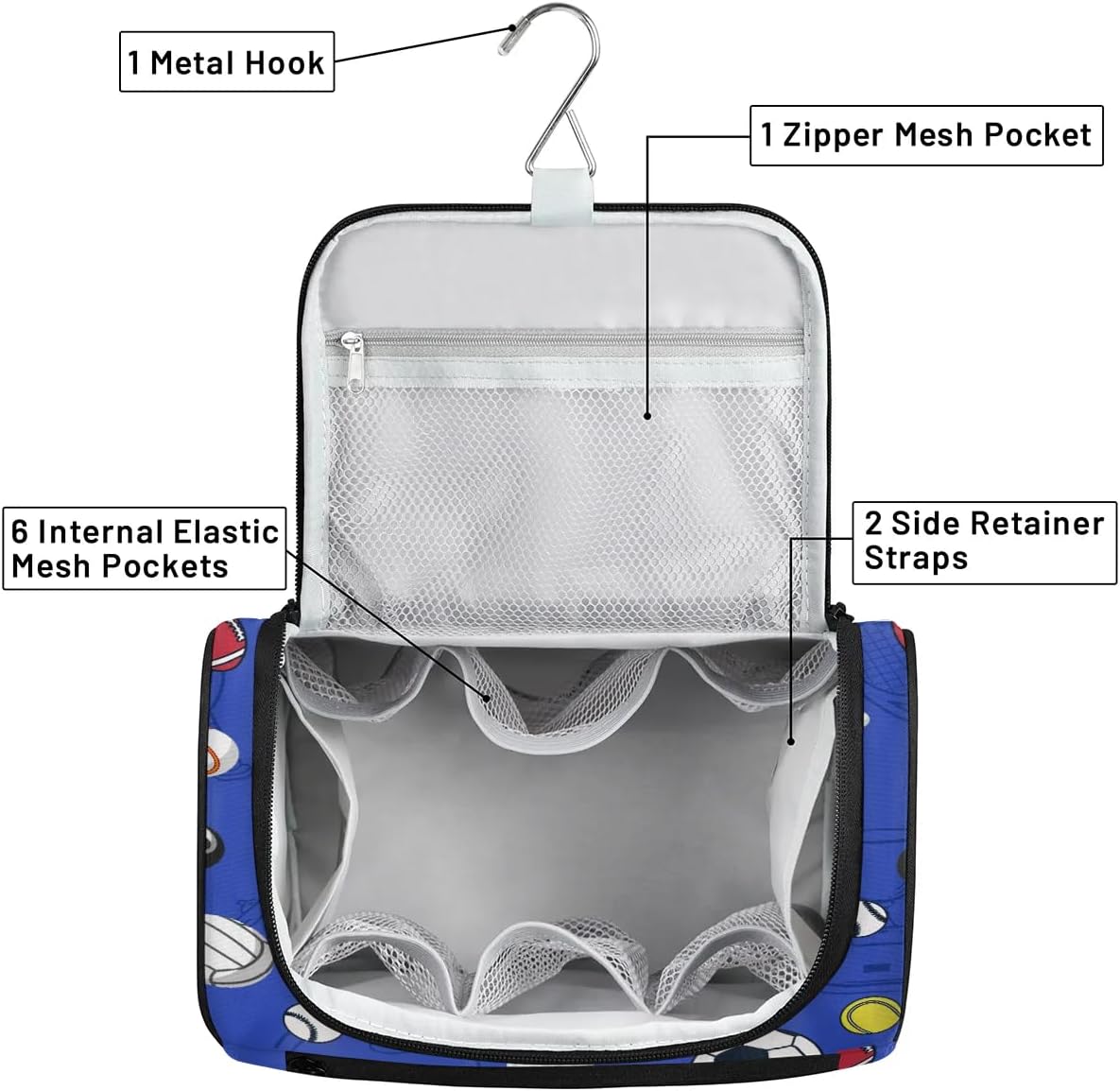 Hanging Travel Toiletry Bag for Women Men Makeup Bag Organizer Blue Cute Sport Soccer Ball Basketball Baseball Large Cosmetic Bag Waterproof Dopp Kit Travel Bag for Toiletries Accessories Essentials