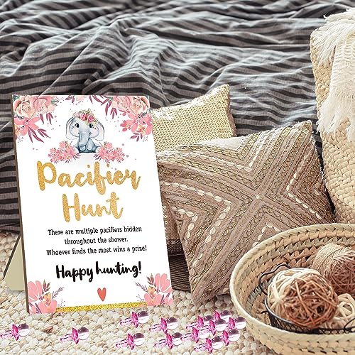 Image of Azbuk Pacifier Hunt Baby Shower Game Set, 50 Pink Acrylic Mini Pacifiers with Elephant Sign, Adult, Teen, Big Kid, Game, 50 Players, Indoor, Animal Theme, No Assembly Required