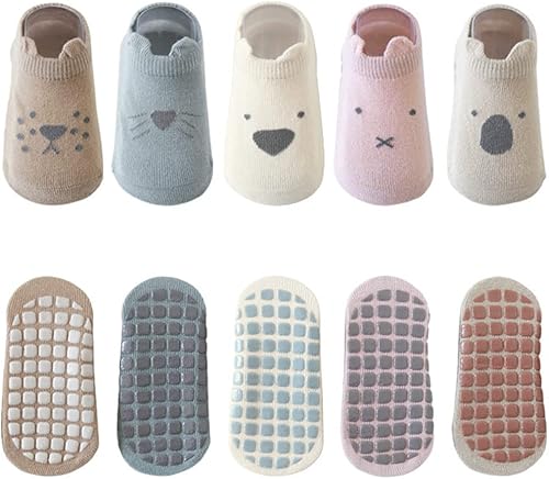 Miniatura 6 de Exegawe Calcetines de bebé con agarres, 5 pares de calcetines antideslizantes para el suelo de dibujos animados para niños pequeños