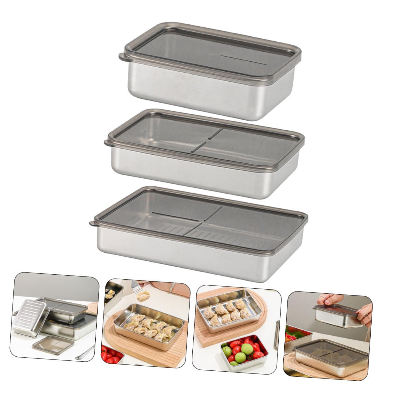 3stücke Teilige Edelstahlbehälter Mit Deckel Für Lebensmittel Aufbewahrungsboxen Kühlschrankboxen Frischhaltebehälter Obstbehälter Küchenbehälter Mit Kunststoffdeckel Für
