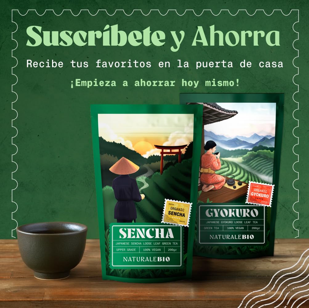 NaturaleBio Té Verde Sencha Japonés Orgánico - Upper Grade - de 200g. Bio, Natural y Puro, Té Verde en Hojas de la Primera Cosecha, cultivado en Japón. Organic Japanese Sencha Green Tea.