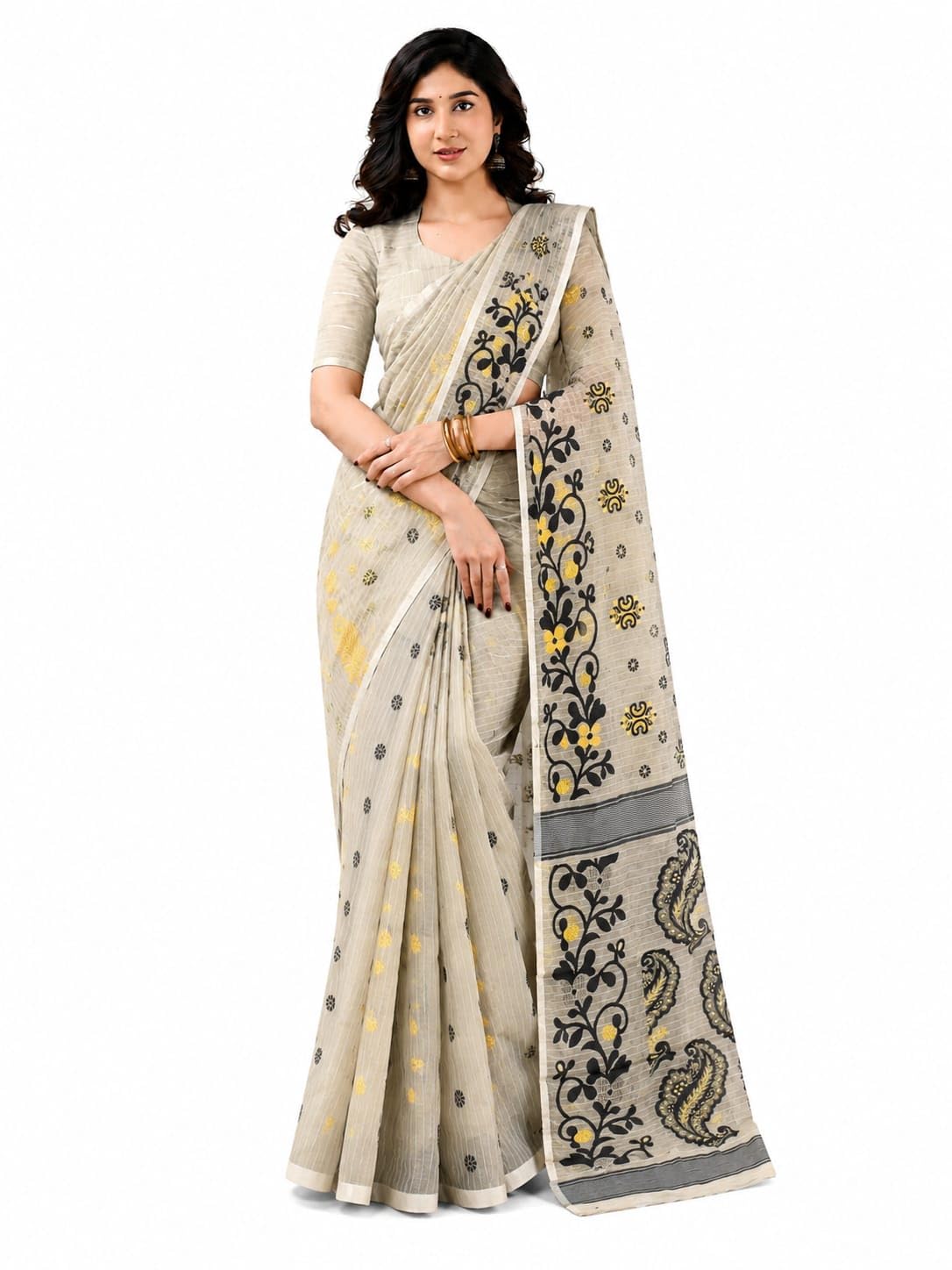 Pure Cotton Checked Jamdani Saree for Women Bengali Tant Style Handloom Saree with Elegant Woven Work-image-10