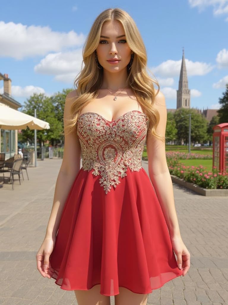 Babyonline Junior's Gold Lace Applique Short Quinceanera Homecoming Dresses