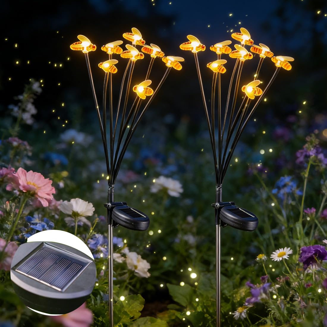 Wrqioo Yellow 2 Pcs Bee Solar Lights Outdoor Garden, 16 Led Solar Powered Garden Lights, Sol-Ar Bee Garde-N Lights, 2 Lighting Modes Warm White Waterproof Gard-En Lighting For Pathway Balcony Fence