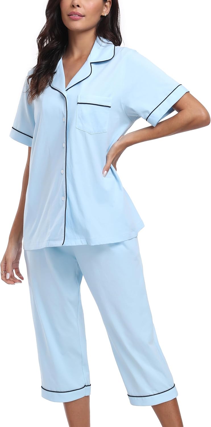 CF 100% Cotton Pajamas for Women Button Down Capri Pjs Lounge Sets Sleepwear 2 Piece PJ Sets Short Sleeve Top and Capri Pant