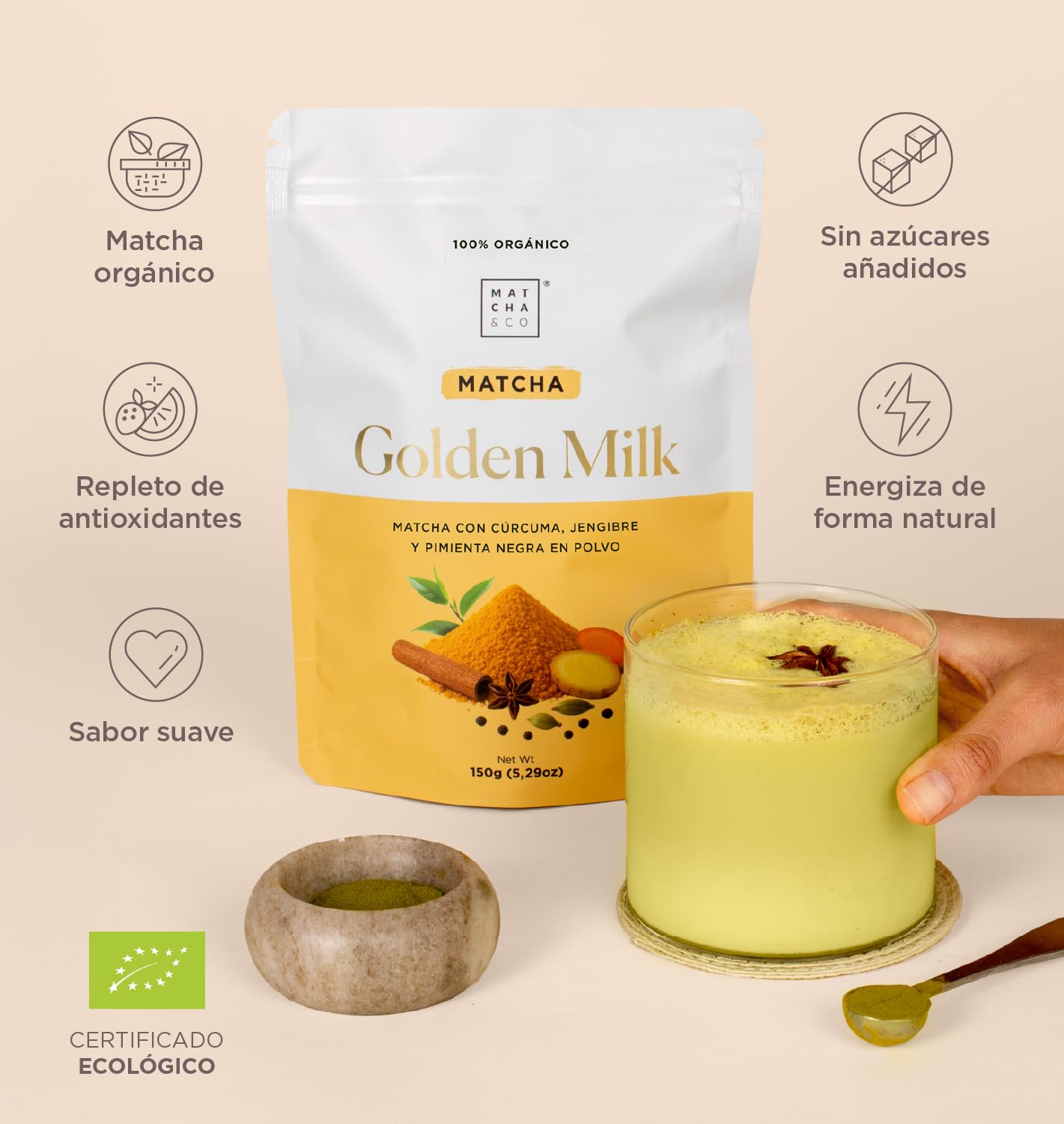 Matcha & CO - Golden Milk Bio au Thé Matcha (150g) – Préparation Curcuma avec Lait de Coco, Poivre Noir et Cannelle – Boisson Antioxydante et Anti-inflammatoire – Sans Sucre Ajouté, Vegan, Sans Gluten