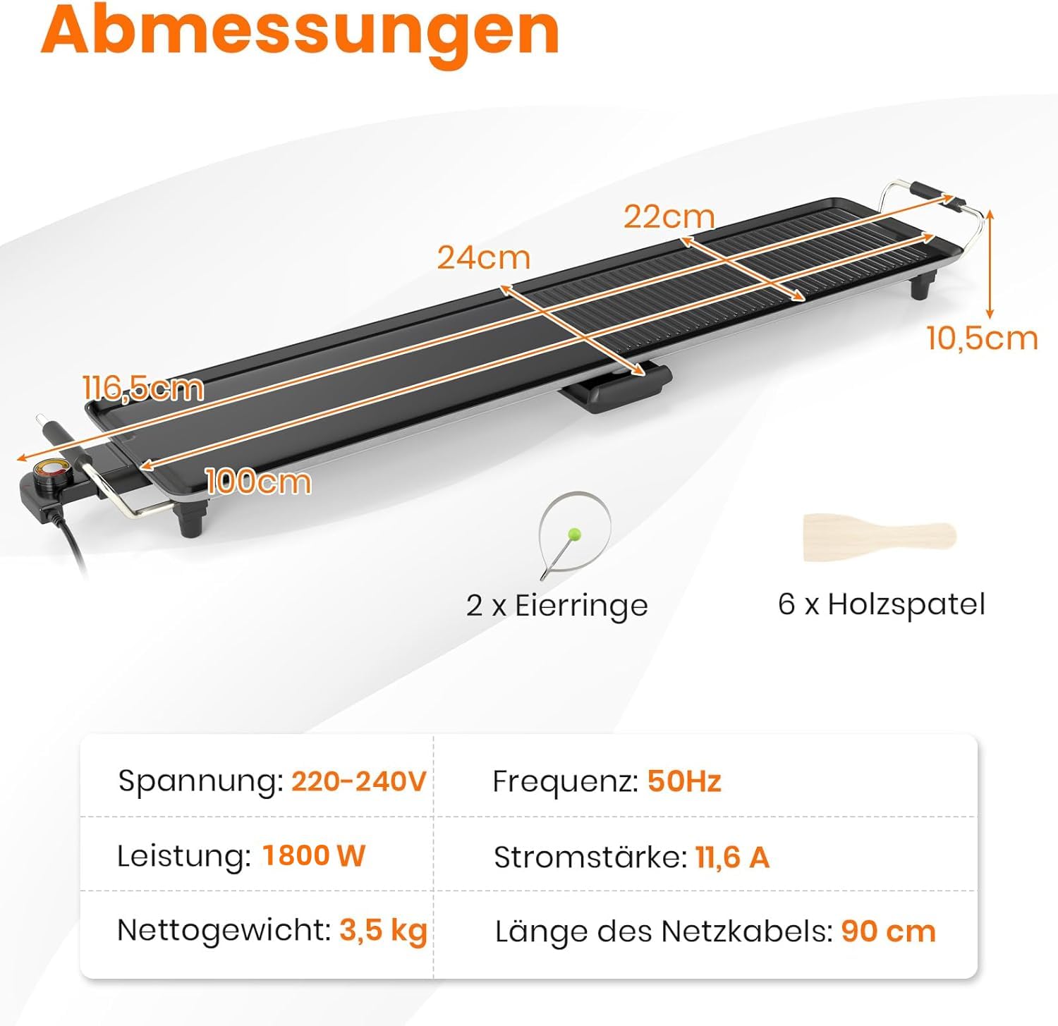 RELAX4LIFE Tischgrill elektrisch, 100 x 22 cm extra lange Teppanyaki-/Plancha-Grillplatte, Elektrogrill mit Antihaftbeschichtung & 4-stufige Temperaturregelung, 1800W, für BBQ, Familienessen, Partys