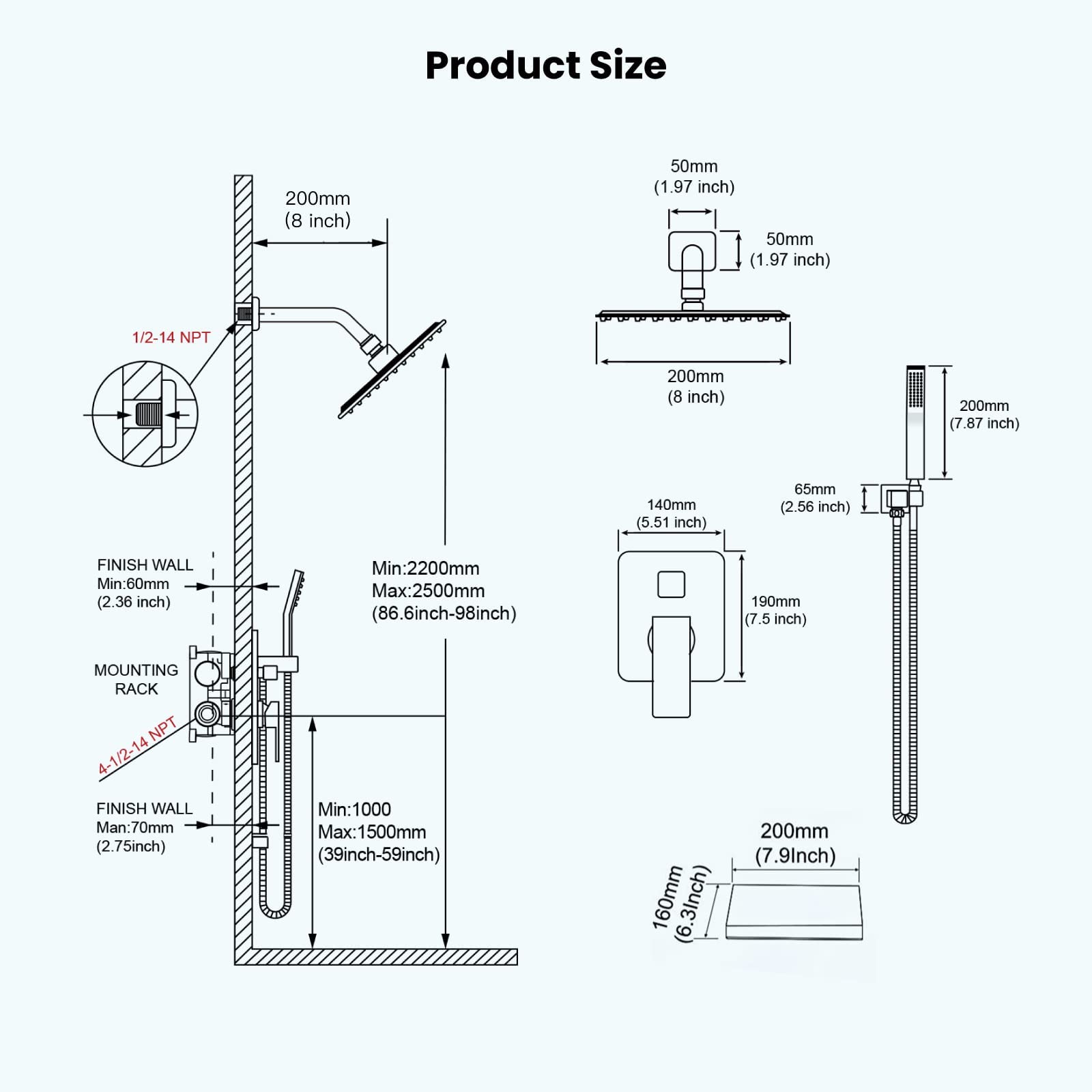 Gotonovo Mattschwarzes Duschsystem Set – Wandmontage, 3-in-1 Mit Regendusche, Handbrause & Wannenauslauf, 8 Zoll