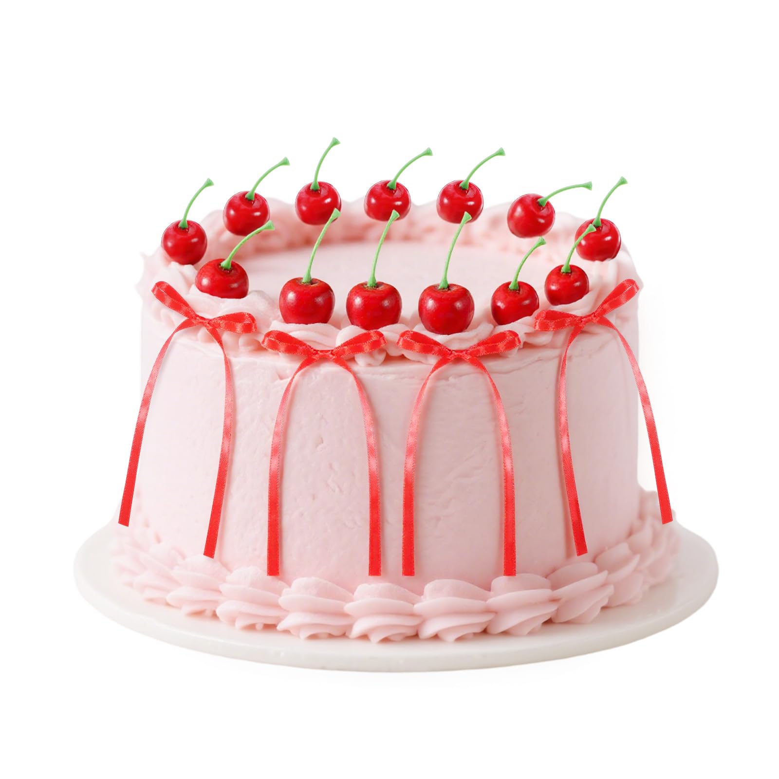 12 Set Cherry Cake Decorations and Red Bow Cake Toppers, Birthday Bowknot Ribbons Artificial Fruit Cherries Fake Cherry Simulation Decor for Birthday Wedding Bridal Party Supplies