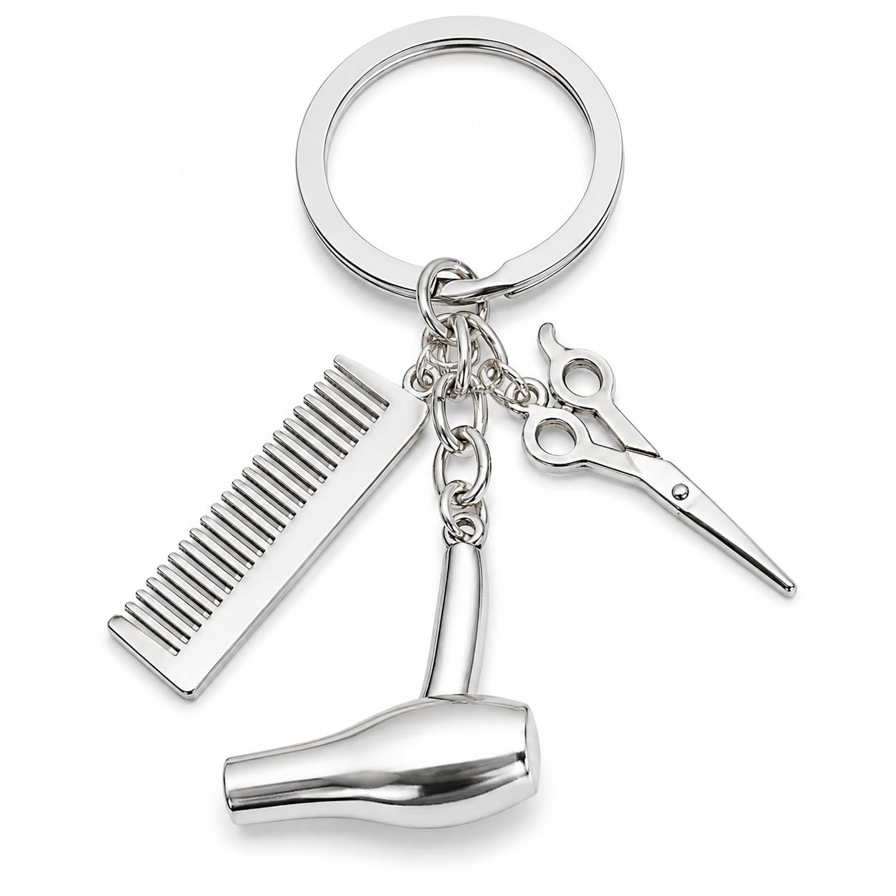 Elenviorina Unisex Silver Hairdresser Keyring – 3 In 1 Hair Stylist Keychain With Scissors, Comb & Hair Dryer Charms – Salon Graduation Birthday Christmas Gift For Women Men, Hairdressers And Beauty Students