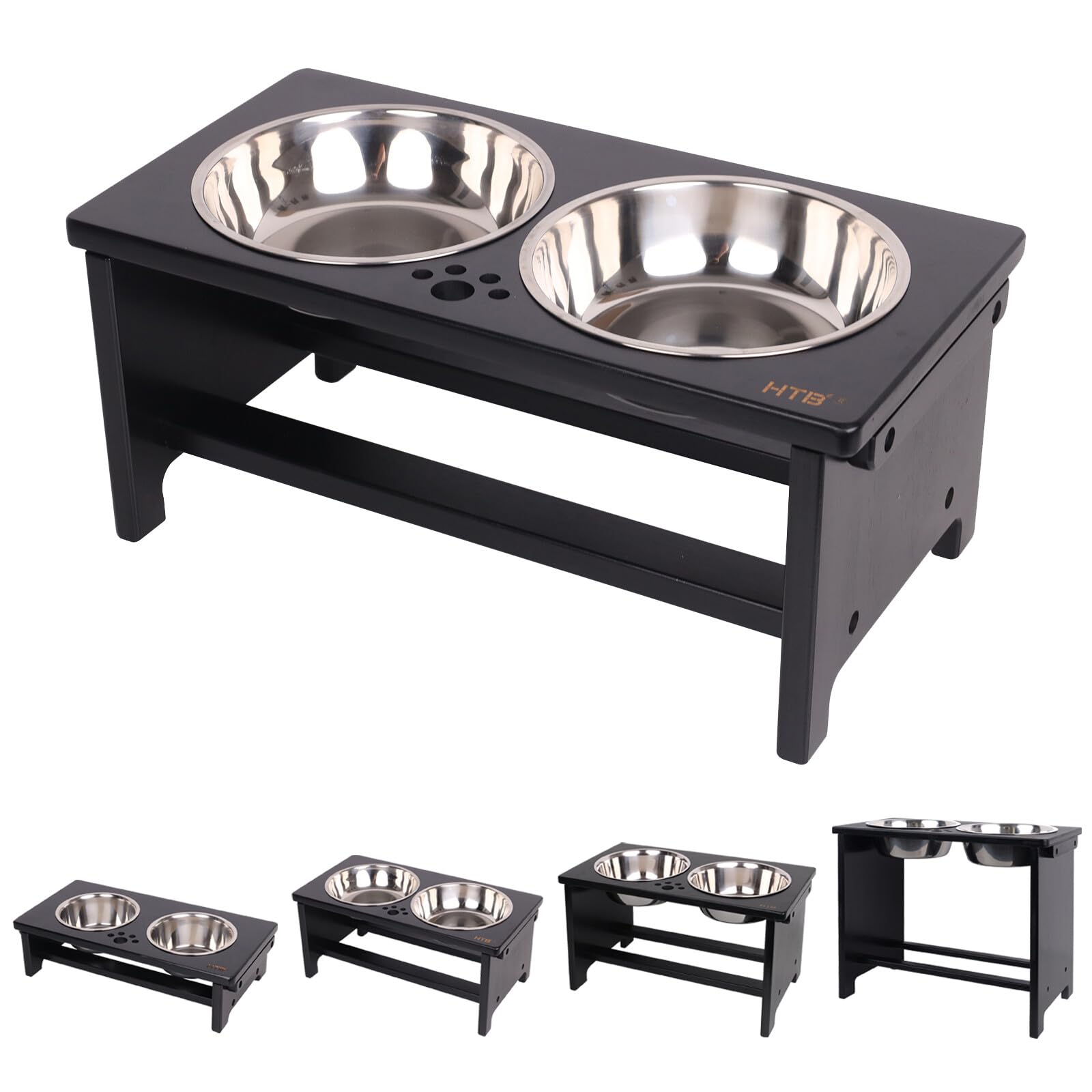 HTB Elevated Dog Bowl Stand with 2 Stainless Steel Bowls-7" H Medium Black