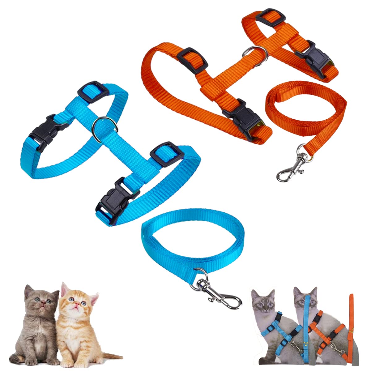 Morices 2 Pack Cat Harness and Leash, Adjustable Comfortable Nylon Pet Strap Collar with Leash, Escape Proof Safety Rope Leads Chest Strap for Kitten Puppy Rabbits Walking Training (Orange & Blue)