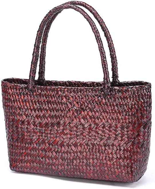 Hand-woven Large Retro Straw Shoulder Bag for Women Summer Beach Boho Rattan Tote Travel Bag with Straw Top Handle (Red)