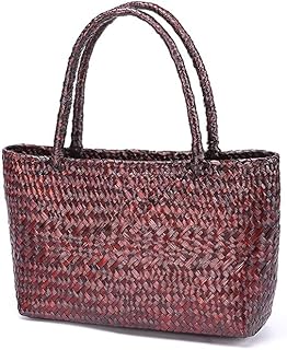 QTKJ Hand-woven Large Retro Straw Shoulder Bag for Women Summer Beach Boho Rattan Tote Travel Bag with Straw Top Handle (Red)