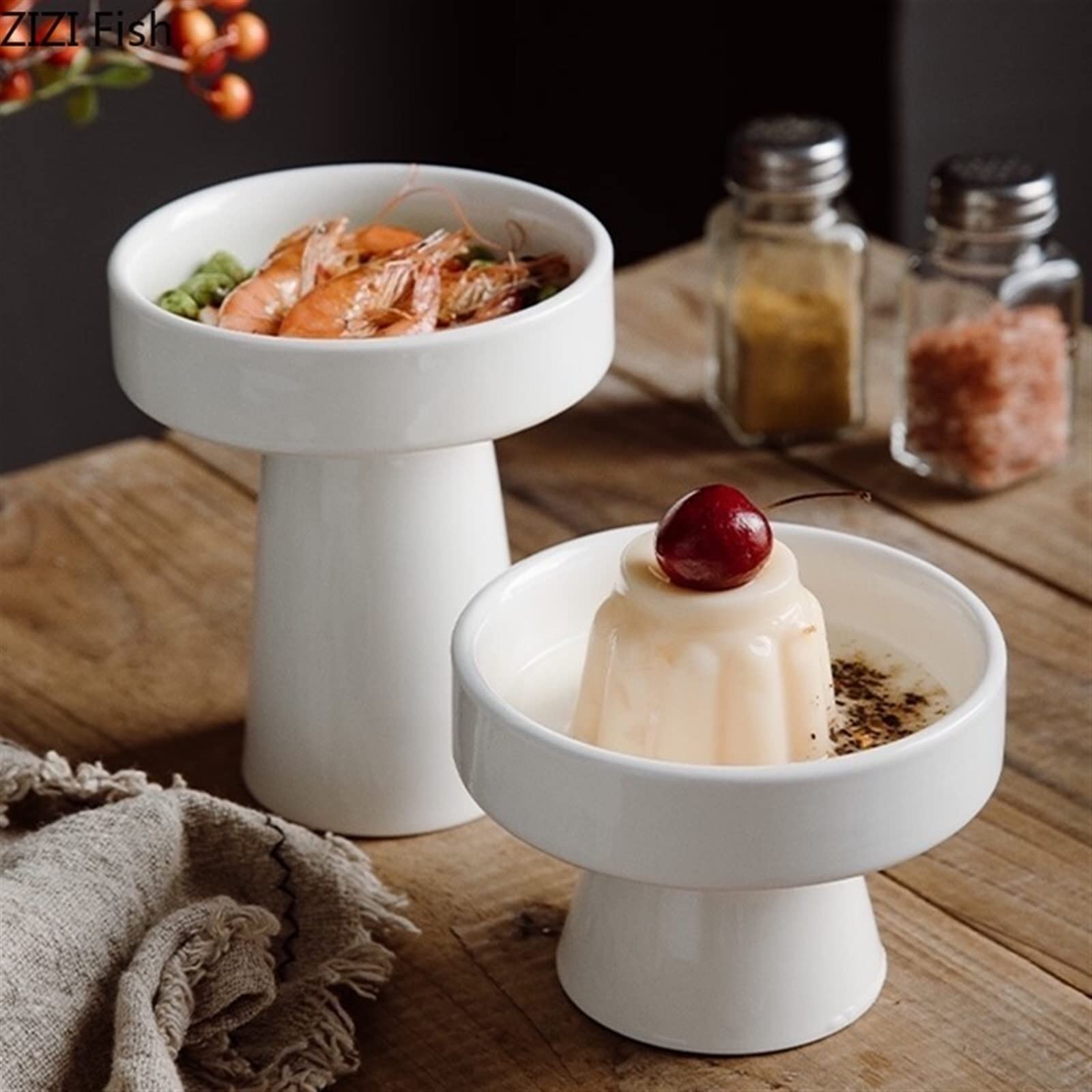Plato de fruta alto en cerámica blanca para centro de mesa de salón