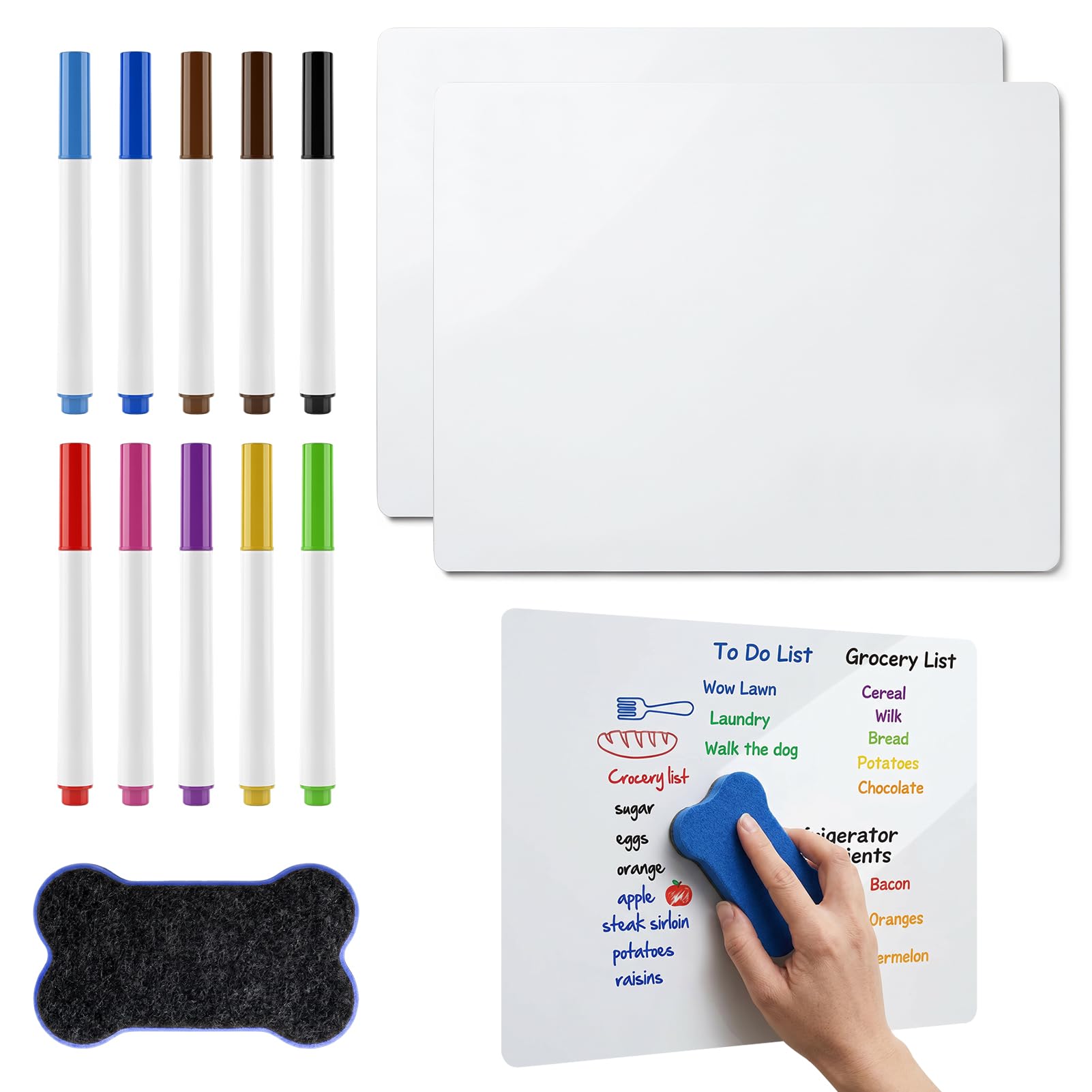 2 Pack A4 Magnetic Whiteboard for Fridge, Small Whiteboard Dry Erase Whiteboard Sheet, Magnetic Fridge Message Boards with 10 Dry Wipe Pens and 1 Eraser for Memos, Notice Board, Weekly Meal Planner