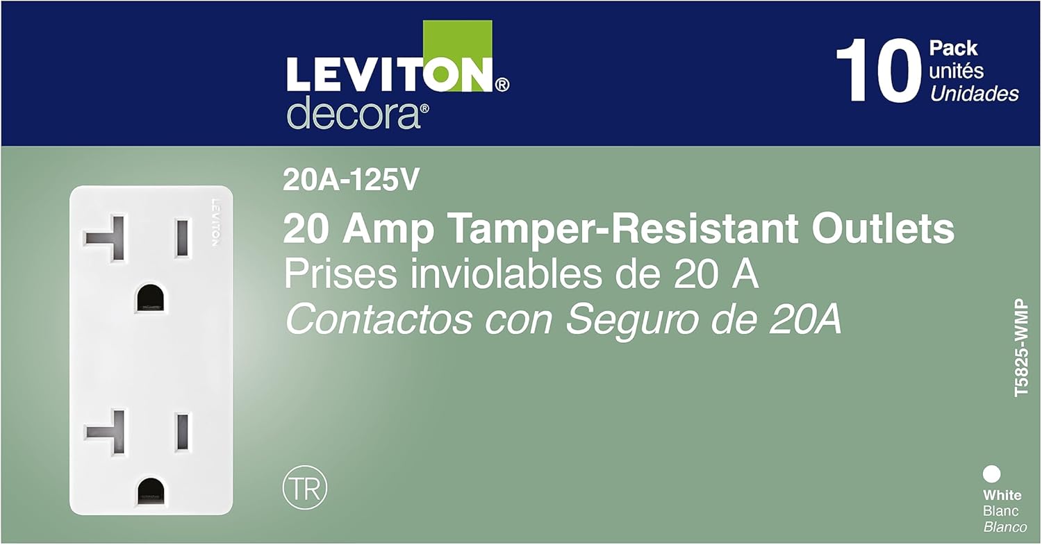 Leviton M02-T5825-Wmp 20a 125v White Decora Tamper Resistant Outlets 10 Count