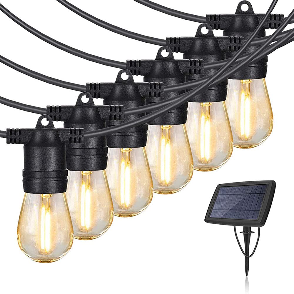 Solar-Lichterkette, 10-20m, Außenbereich, LED E27, Lichterkette, Schwarz, Wasserdicht IP65, LED-Lampen, Solarenergie, Warmweiß 2200K, Austauschbare Glühbirnen (10 Meter mit 20 Lampen)