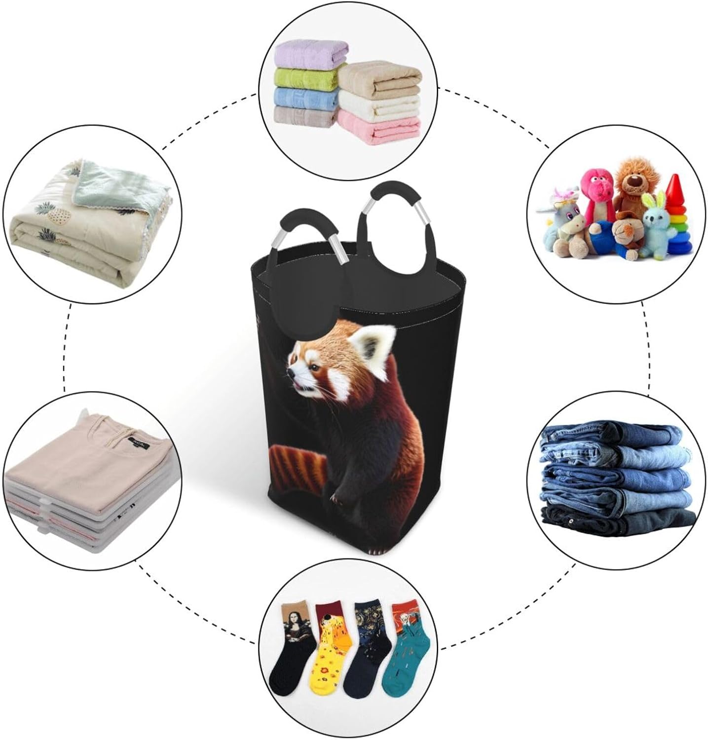 Red panda pattern Foldable storage bag, 50L capacity, suitable for laundry room, dormitory bedroom, dirty clothes storage basket.