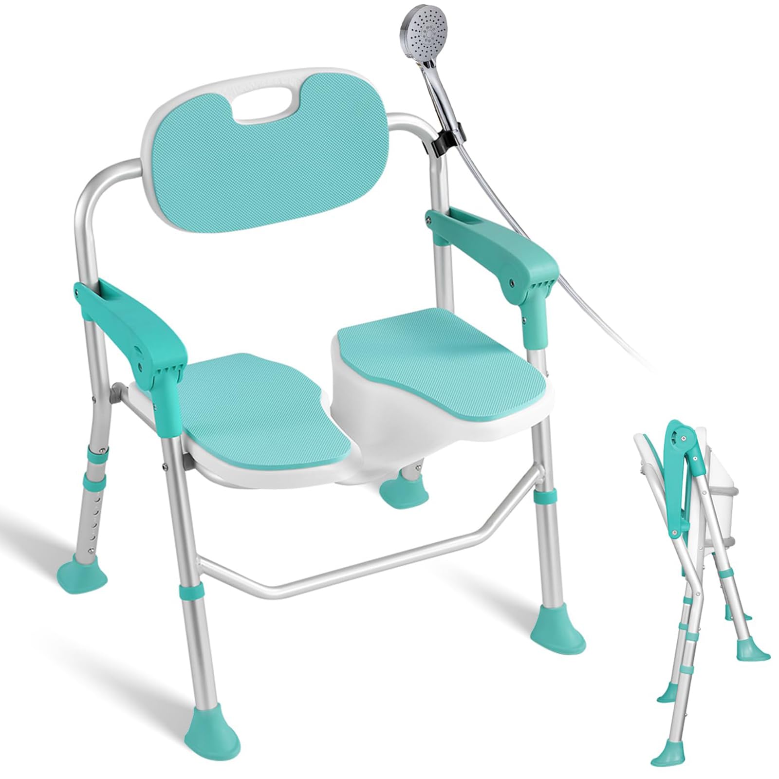Silla de ducha plegable con apoyabrazos, respaldo y almohadillas antideslizantes, altura ajustable, soporta hasta 180 kg, taburete de ducha para personas mayores