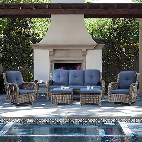 Joyside Wicker Patio Furniture Set 6 Piece Set with 1 Three-Seat Sofa, 2 Swivel Rocker Chairs, 2 Ottomans and 1 Side Table, Outdoor Furniture Patio Conversation Sets(Brown/Blue)