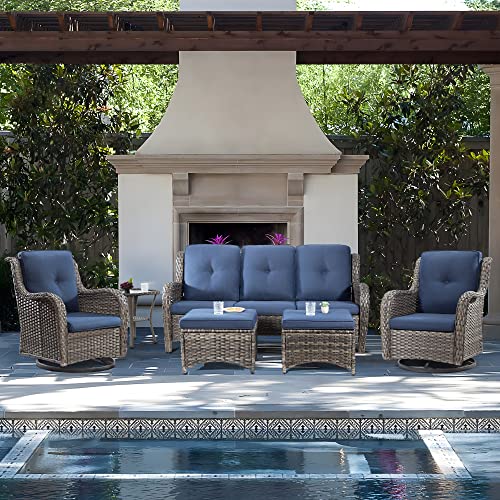 Joyside Wicker Patio Furniture Set 6 Piece Set with 1 Three-Seat Sofa, 2 Swivel Rocker Chairs, 2 Ottomans and 1 Side Table, Outdoor Furniture Patio Conversation Sets(Brown/Blue)