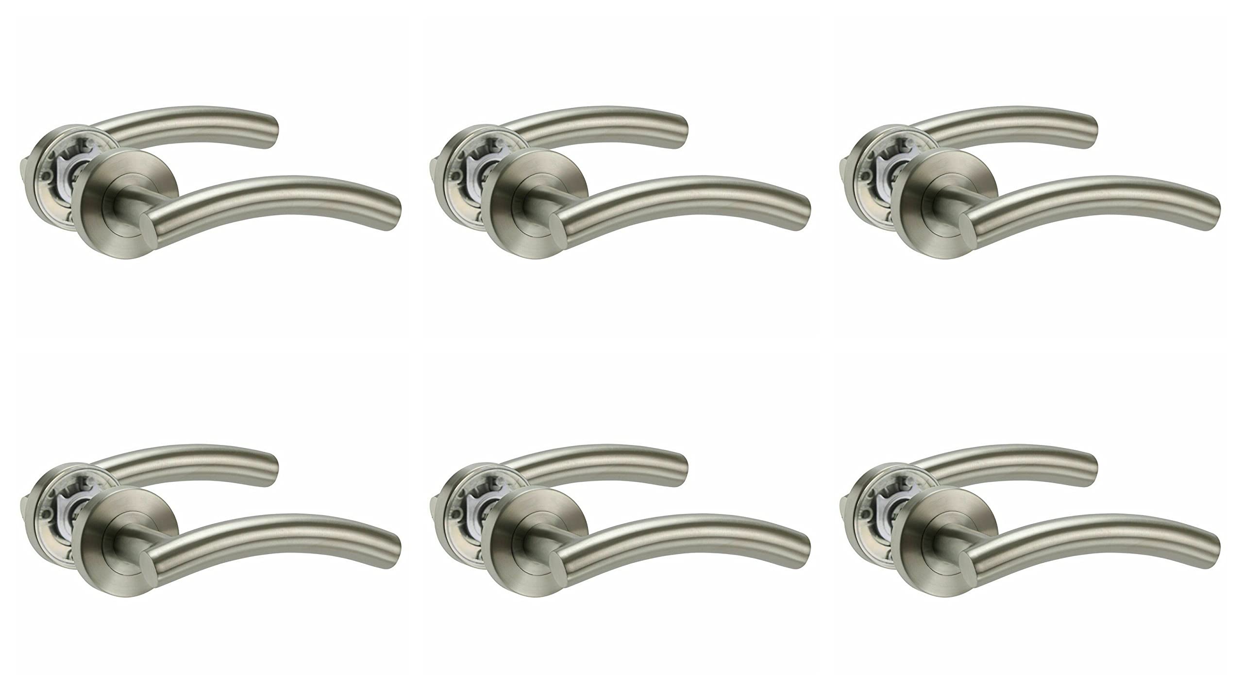 Haven Heritage Door Handle Satin Nickle Arched T Bar Lever on Rose 6 Pairs
