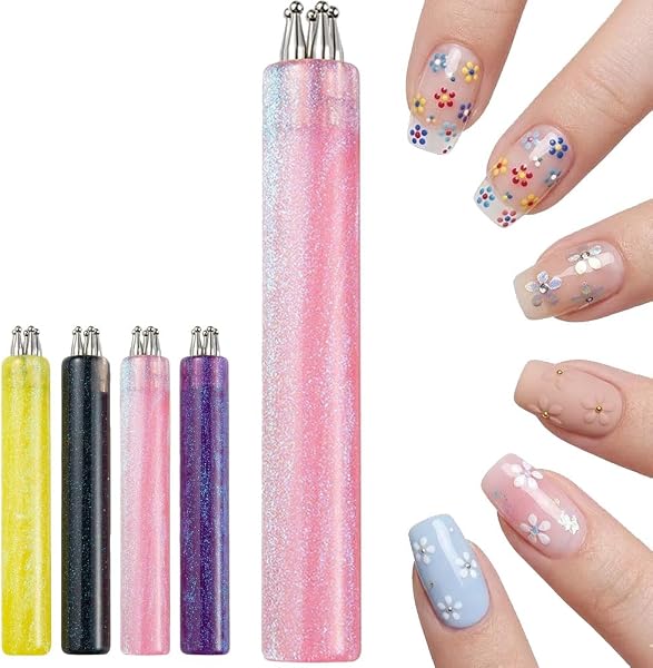 Stylo de pointillage pour ongles à 5 pétales en forme de fleur, outil de conception florale en un coup avec embouts de 1,8 mm pour strass et manche en acier inoxydable pour art des ongles DIY pour - 1