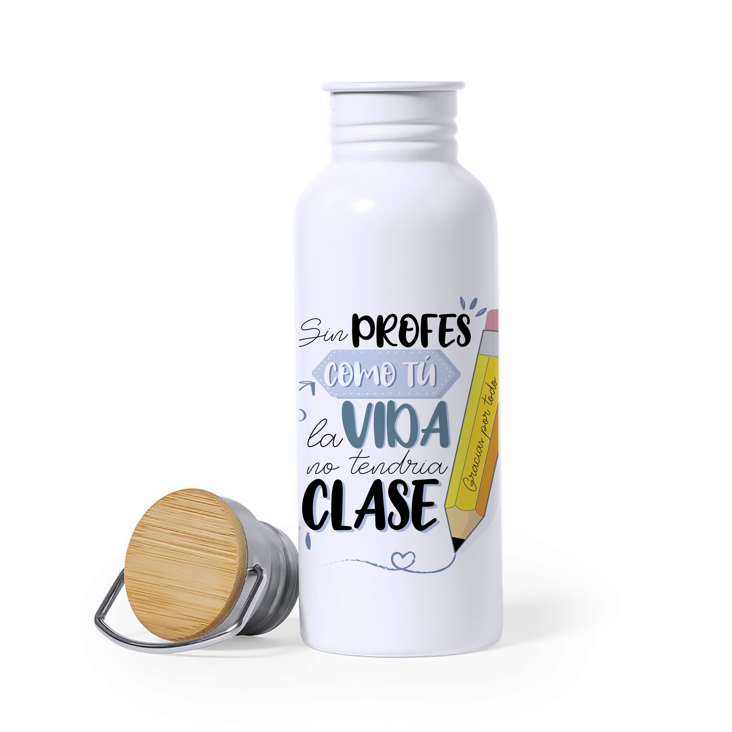 PACK REGALO PARA PROFESORA Botella De Agua Acero inoxidable, Bolsa de Algodón PERSONALIZADA y Neceser de Algodón Multiusos- Frase Motivadora - Agradecimiento Fin de curso Maestra